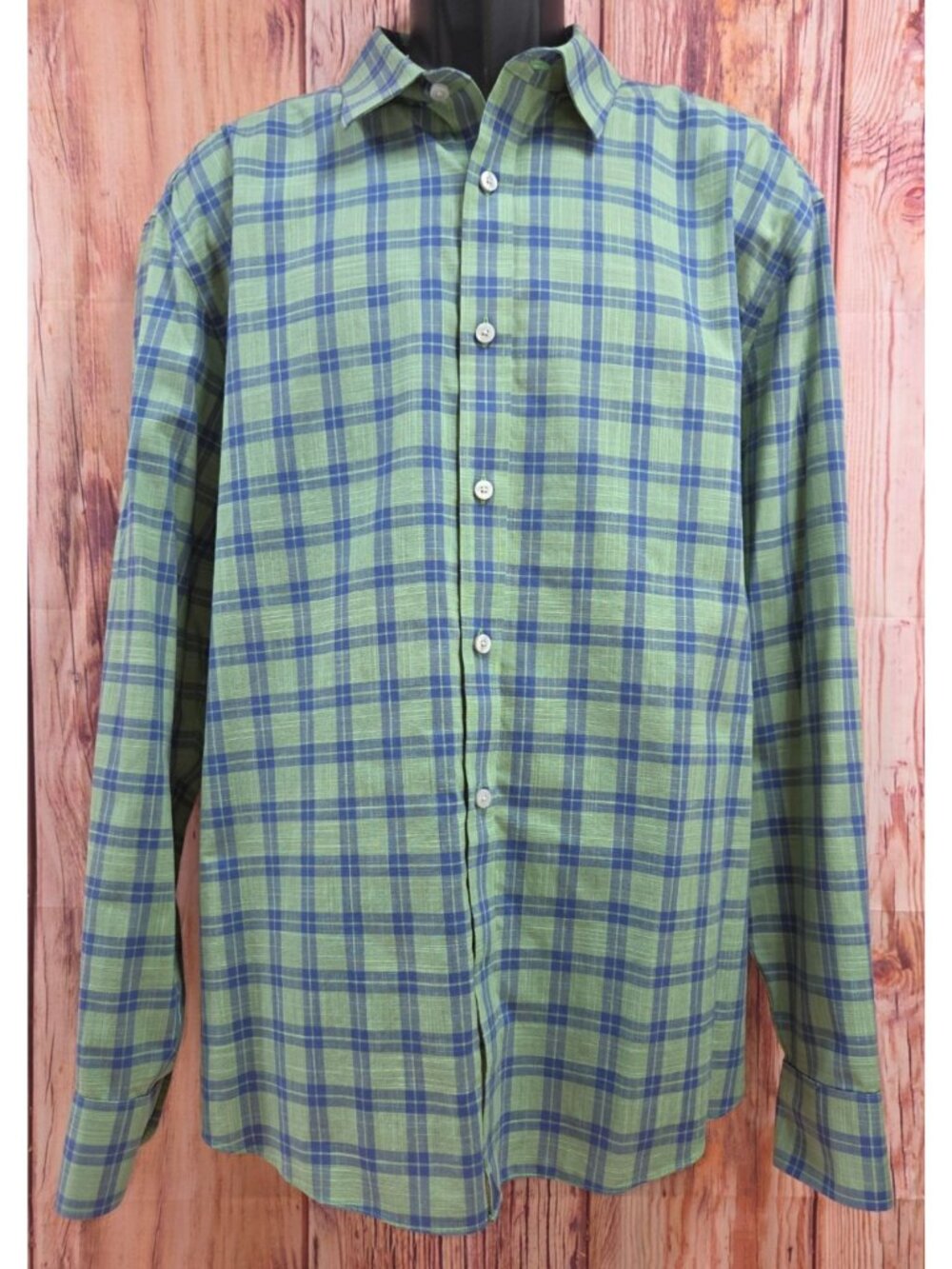 Untuckit Mens XXL Green & Blue Plaid Button-Down Shirt Wrinkle-Free Regular Fit